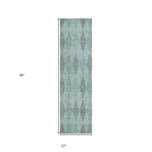 Homeroots 8' Runner Teal Geometric Washable Non Skid Indoor Outdoor Runner Rug Teal Polyester 563269