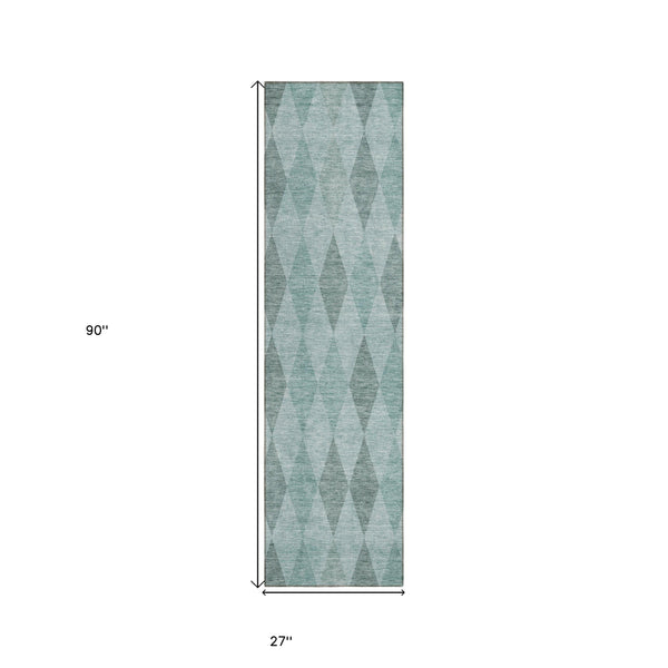 Homeroots 8' Runner Teal Geometric Washable Non Skid Indoor Outdoor Runner Rug Teal Polyester 563269