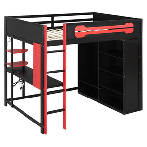 English Elm Full Size Gaming Loft Bed with Rgb Lighting Integrated Desk and Open Wardrobe N820S00073J