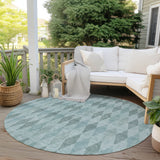 Homeroots 8' Round Teal Round Geometric Washable Non Skid Indoor Outdoor Area Rug Teal Polyester 563273