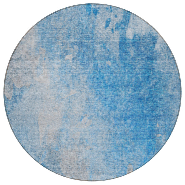 Homeroots 8' Round Blue And Gray Round Abstract Washable Non Skid Indoor Outdoor Area Rug Blue Polyester 563282