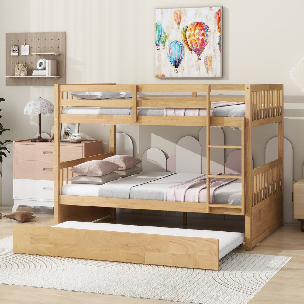 English Elm Full Over Solid Rubberwood Bunk Bed with Trundle Converts to Two Separate Beds W504S00293