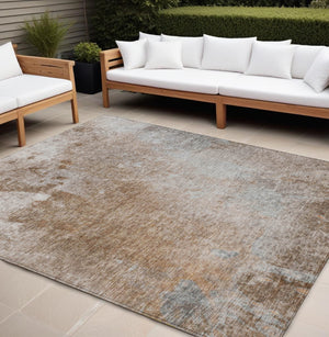 Homeroots 10' X 14' Brown And Off White Abstract Washable Non Skid Indoor Outdoor Area Rug Mocha Polyester 563312