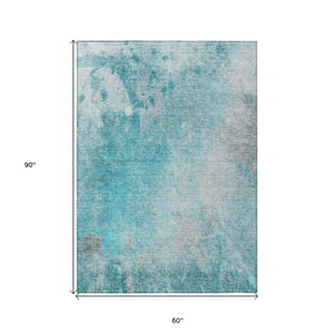 HomeRoots 5' Teal Abstract Area Rug - Modern, Washable, Non-Skid Design for Indoor & Outdoor Spaces 5' X 8' 563317