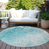 Homeroots 8' Round Teal Round Abstract Washable Non Skid Indoor Outdoor Area Rug Teal Polyester 563318