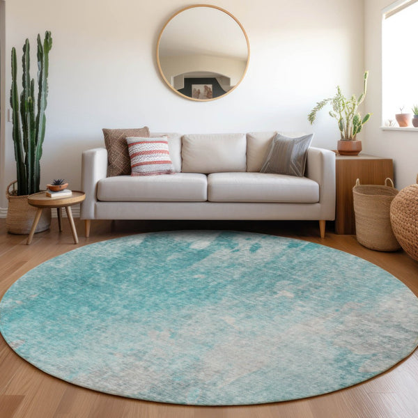 HomeRoots 5' Teal Abstract Area Rug - Modern, Washable, Non-Skid Design for Indoor & Outdoor Spaces 8' Round 563318