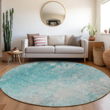 Homeroots 8' Round Teal Round Abstract Washable Non Skid Indoor Outdoor Area Rug Teal Polyester 563318