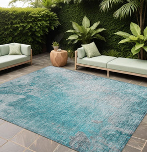 HomeRoots 5' Teal Abstract Area Rug - Modern, Washable, Non-Skid Design for Indoor & Outdoor Spaces 10' X 14' 563321