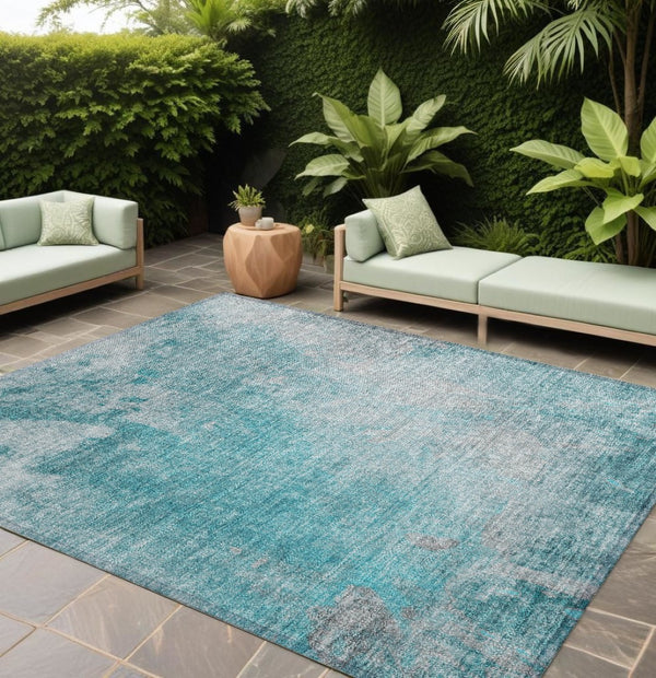 HomeRoots 5' Teal Abstract Area Rug - Modern, Washable, Non-Skid Design for Indoor & Outdoor Spaces 10' X 14' 563321