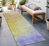 Homeroots 8' Runner Blue Gold And Wheat Abstract Washable Non Skid Indoor Outdoor Runner Rug Wheat Polyester 563323