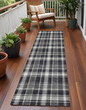 Homeroots 8' Runner Black Gray And White Plaid Washable Non Skid Indoor Outdoor Runner Rug Black Polyester 563332