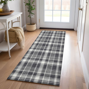 Homeroots 8' Runner Black Gray And White Plaid Washable Non Skid Indoor Outdoor Runner Rug Black Polyester 563332