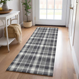 Homeroots 8' Runner Black Gray And White Plaid Washable Non Skid Indoor Outdoor Runner Rug Black Polyester 563332