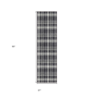 Homeroots 8' Runner Black Gray And White Plaid Washable Non Skid Indoor Outdoor Runner Rug Black Polyester 563332