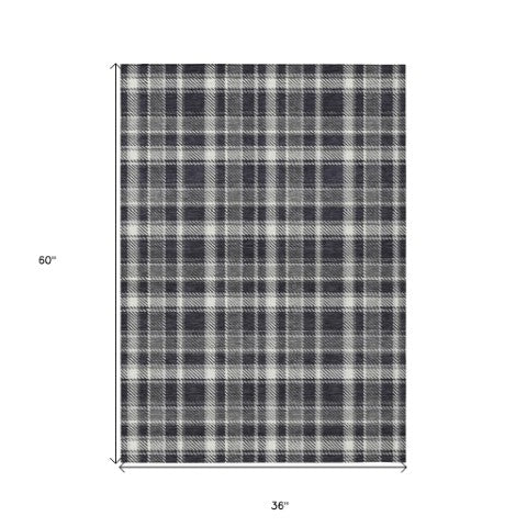 Homeroots 3' Stylish Black, Gray, And White Plaid Washable Non-skid Area Rug For Indoor And Outdoor Use 3' X 5' Polyester 563334