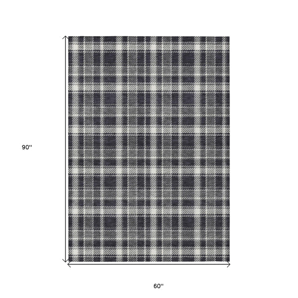 Homeroots 5' X 8' Black Gray And White Plaid Washable Non Skid Indoor Outdoor Area Rug Black Polyester 563335