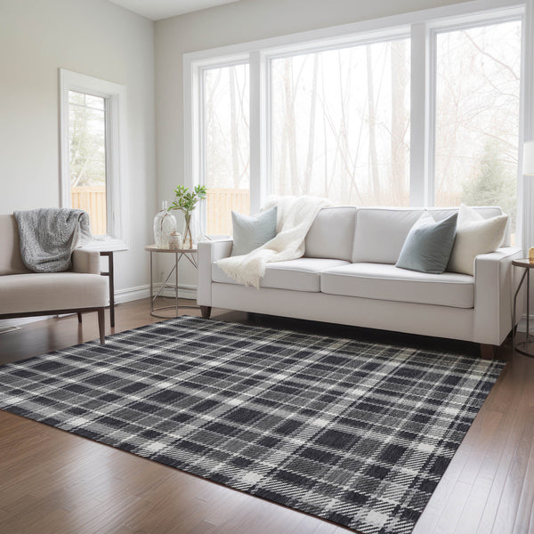 Homeroots 5' X 8' Black Gray And White Plaid Washable Non Skid Indoor Outdoor Area Rug Black Polyester 563335