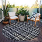 Homeroots 8' Round Black Gray And White Round Plaid Washable Non Skid Indoor Outdoor Area Rug Black Polyester 563336