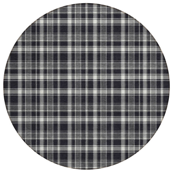 HomeRoots 5' Timeless Black Gray and White Plaid Washable Area Rug - Durable, Non-Skid, Indoor/Outdoor Comfort 8' Round 563336