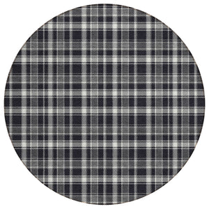 Homeroots 8' Round Black Gray And White Round Plaid Washable Non Skid Indoor Outdoor Area Rug Black Polyester 563336
