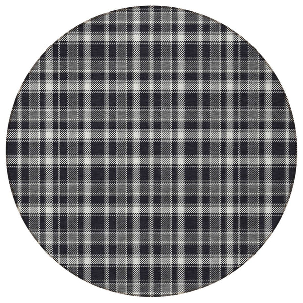 HomeRoots 5' Timeless Black Gray and White Plaid Washable Area Rug - Durable, Non-Skid, Indoor/Outdoor Comfort 8' Round 563336