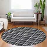 Homeroots 8' Round Black Gray And White Round Plaid Washable Non Skid Indoor Outdoor Area Rug Black Polyester 563336