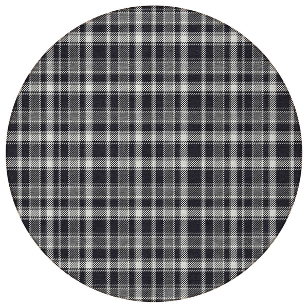 Homeroots 8' Round Black Gray And White Round Plaid Washable Non Skid Indoor Outdoor Area Rug Black Polyester 563336