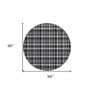 Homeroots 8' Round Black Gray And White Round Plaid Washable Non Skid Indoor Outdoor Area Rug Black Polyester 563336