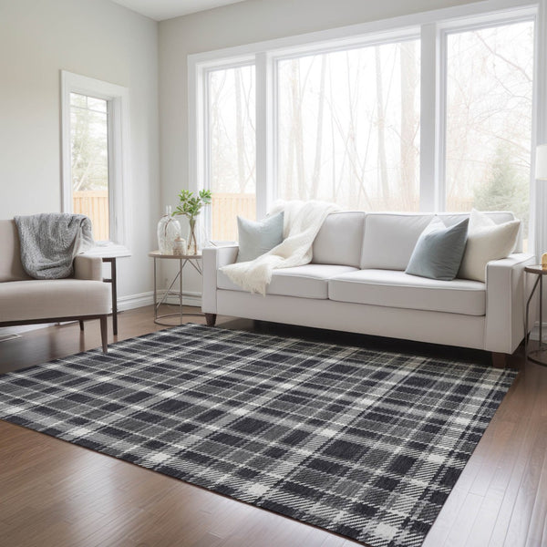 Homeroots 3' Stylish Black, Gray, And White Plaid Washable Non-skid Area Rug For Indoor And Outdoor Use 9' X 12' Polyester 563338