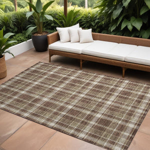 Homeroots 10' X 14' Chocolate And Ivory Plaid Washable Non Skid Indoor Outdoor Area Rug Chocolate Polyester 563348