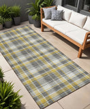 Homeroots 8' Runner Gray Yellow And White Plaid Washable Non Skid Indoor Outdoor Runner Rug Gray Polyester 563350