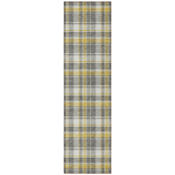Homeroots 8' Runner Gray Yellow And White Plaid Washable Non Skid Indoor Outdoor Runner Rug Gray Polyester 563350