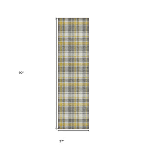 Homeroots 8' Runner Gray Yellow And White Plaid Washable Non Skid Indoor Outdoor Runner Rug Gray Polyester 563350