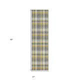 Homeroots 8' Runner Gray Yellow And White Plaid Washable Non Skid Indoor Outdoor Runner Rug Gray Polyester 563350