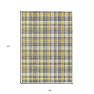 Homeroots 8' X 10' Gray Yellow And White Plaid Washable Non Skid Indoor Outdoor Area Rug Gray Polyester 563355