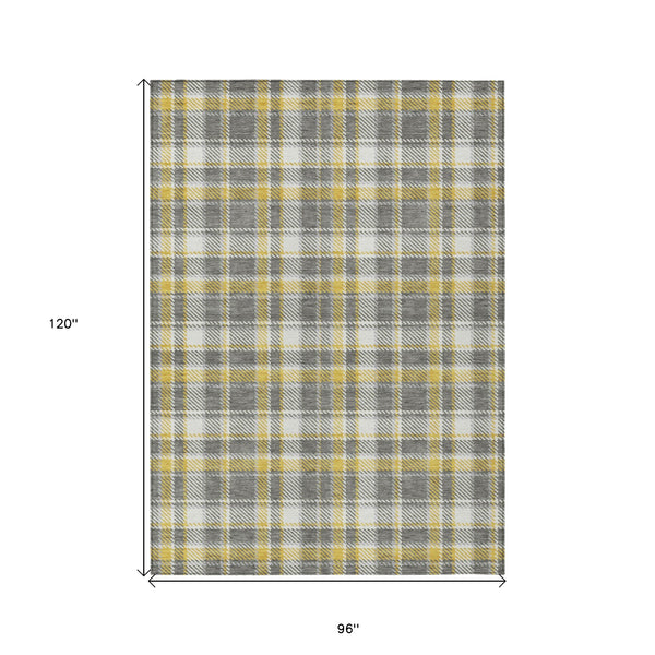 Homeroots 8' X 10' Gray Yellow And White Plaid Washable Non Skid Indoor Outdoor Area Rug Gray Polyester 563355