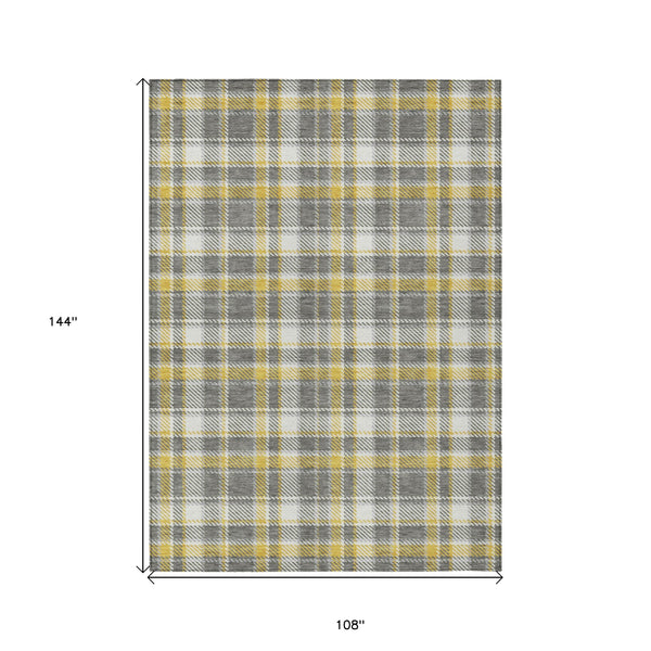 Homeroots 9' X 12' Gray Yellow And White Plaid Washable Non Skid Indoor Outdoor Area Rug Gray Polyester 563356