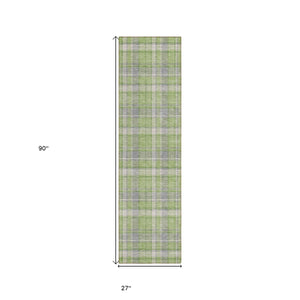 Homeroots 8' Runner Green And Gray Plaid Washable Non Skid Indoor Outdoor Runner Rug Green Polyester 563359