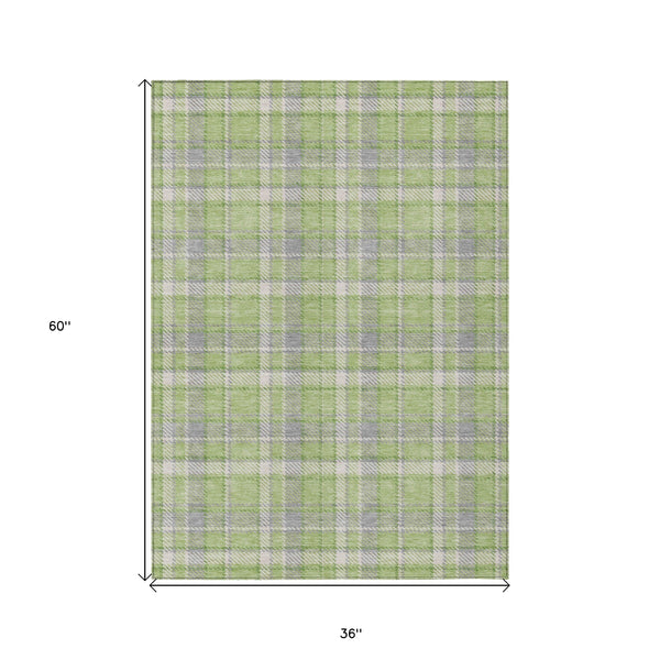 Homeroots 3' X 5' Green And Gray Plaid Washable Non Skid Indoor Outdoor Area Rug Green Polyester 563361