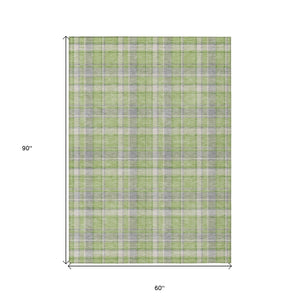 Homeroots 5' X 8' Green And Gray Plaid Washable Non Skid Indoor Outdoor Area Rug Green Polyester 563362