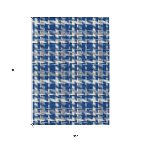 Homeroots 3' X 5' Navy And Ivory Plaid Washable Non Skid Indoor Outdoor Area Rug Navy Polyester 563370