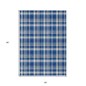 Homeroots 5' X 8' Navy And Ivory Plaid Washable Non Skid Indoor Outdoor Area Rug Navy Polyester 563371