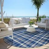 Homeroots 8' Round Navy And Ivory Round Plaid Washable Non Skid Indoor Outdoor Area Rug Navy Polyester 563372