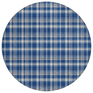 Homeroots 8' Round Navy And Ivory Round Plaid Washable Non Skid Indoor Outdoor Area Rug Navy Polyester 563372