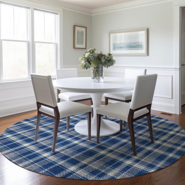 HomeRoots 5' Timeless Black Gray and White Plaid Washable Area Rug - Durable, Non-Skid, Indoor/Outdoor Comfort 8' Round 563372