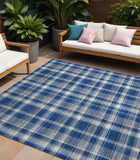 Homeroots 8' X 10' Navy And Ivory Plaid Washable Non Skid Indoor Outdoor Area Rug Navy Polyester 563373