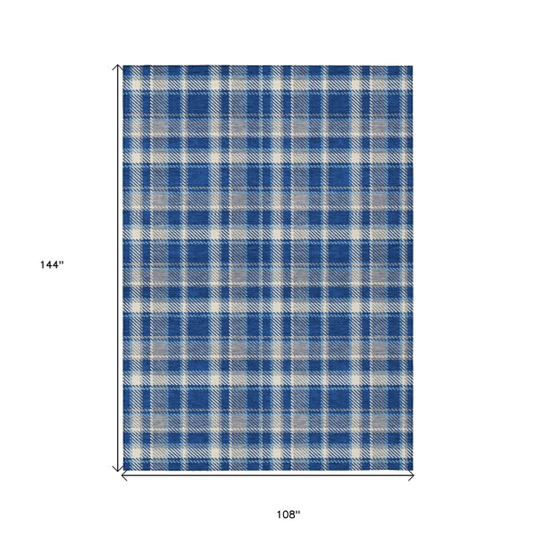 Homeroots 9' X 12' Navy And Ivory Plaid Washable Non Skid Indoor Outdoor Area Rug Navy Polyester 563374