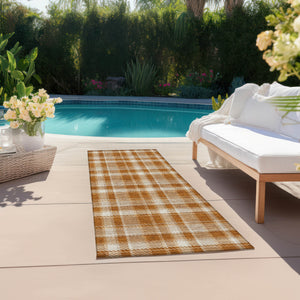 Homeroots 8' Runner Orange And Ivory Plaid Washable Non Skid Indoor Outdoor Runner Rug Paprika Polyester 563377