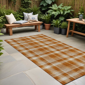 Homeroots 8' Runner Orange And Ivory Plaid Washable Non Skid Indoor Outdoor Runner Rug Paprika Polyester 563377