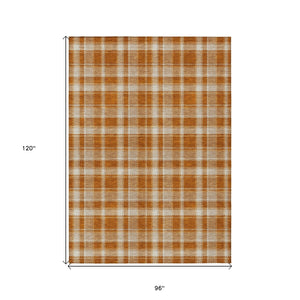 Homeroots 8' X 10' Orange And Ivory Plaid Washable Non Skid Indoor Outdoor Area Rug Paprika Polyester 563382